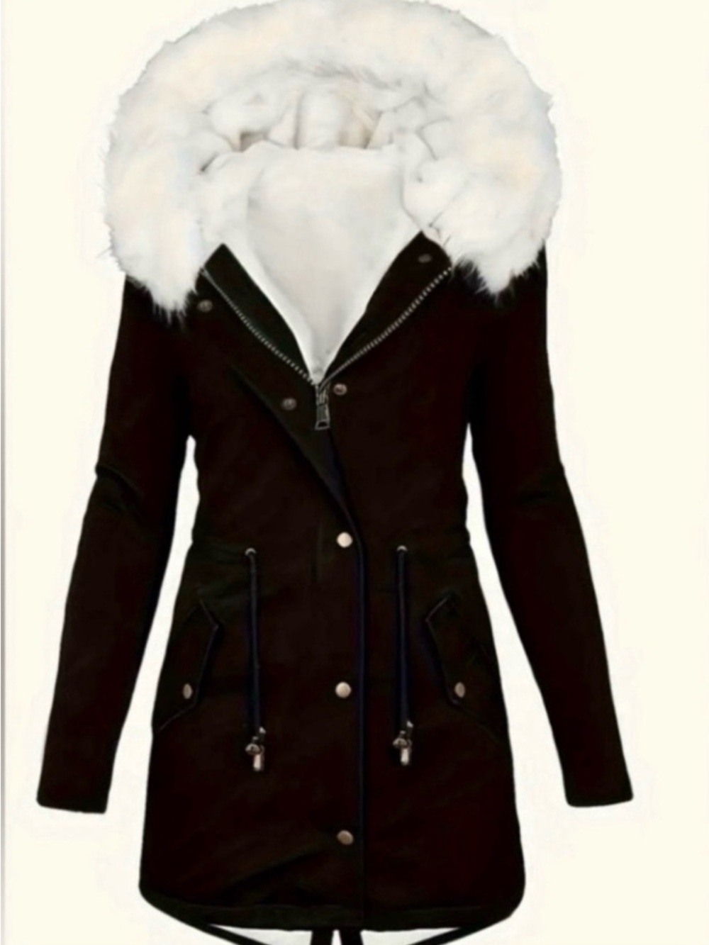 Women's Black Puffer Parka with White Faux Fur Hood